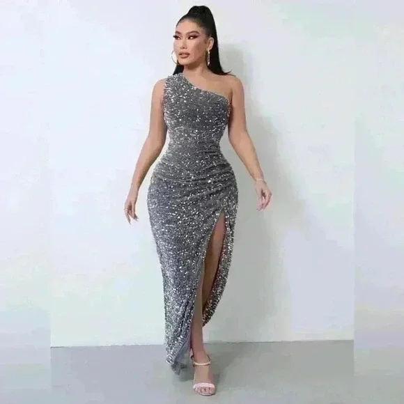 One Shoulder Sequin Sparkle High Slit Wrap Formal Evening Dress Silver S - Picture 3 of 12